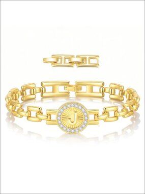 14K Gold Plated Initial Bracelet Cubic Zirconia Adjustable Chain Women's Jewelry